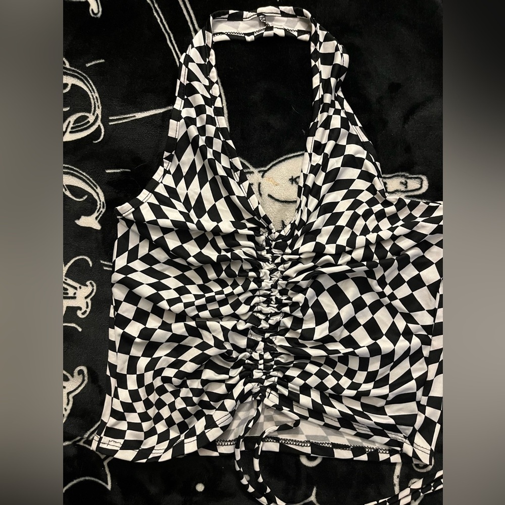 Distorted Checker pattern halter top
